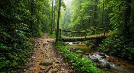 A forest landscape with a path and bridge over a stream