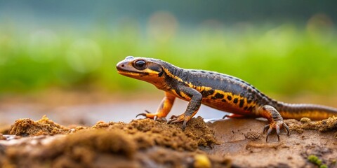 Close-up view of a vibrant amphibian, showcasing its intricate markings and textured skin, perched on damp earth against a soft-focus backdrop of verdant foliage