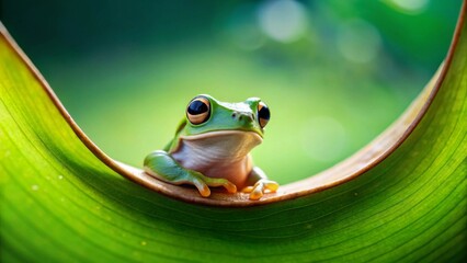 A vibrant green tree frog perches serenely on a lush, curved leaf, its large eyes captivating against a soft, natural background.