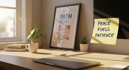 A modern office desk with poster laptop plants and soft lighting