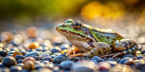 A Vibrant Green Frog Rests on Smooth, Sunlit Pebbles, Its Striking Eyes Reflecting the Warm Light