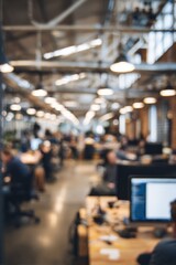 Obraz premium A blurred image of a busy office space with multiple workstations and people engaged in various tasks.