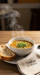 A steaming bowl of soup with bread and fresh herbs on a wooden table