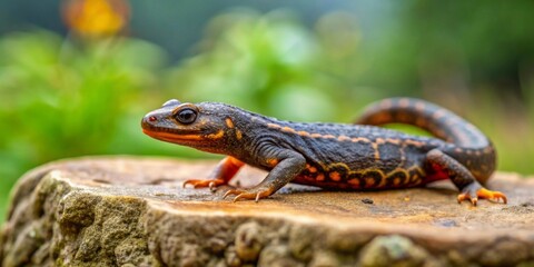 A close-up view of a vibrant amphibian, exhibiting striking orange and black markings, perched atop a weathered tree stump in a lush, verdant environment.
