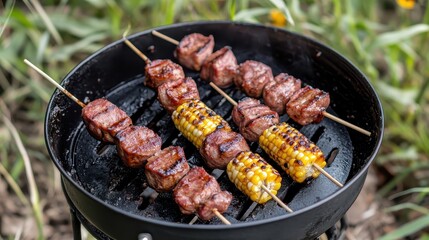Grilled meat skewers and corn on the cob on a barbecue grill