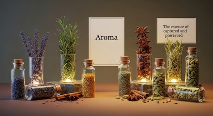 Assortment of Spices and Herbs in Glass Jars on a Shelf