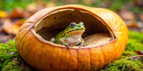 A vibrant green amphibian rests inside a hollowed-out autumn gourd, nestled amongst vibrant green moss and fallen leaves
