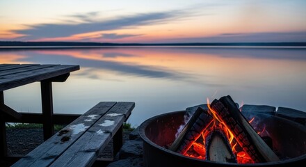 Campfire burning near lake at sunset with beautiful colors