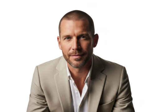 Professional businessman portrait in beige suit, headshot of handsome man with short hair and beard, stock photo, png image, isolated on transparent background