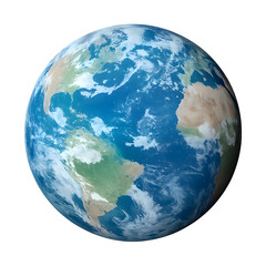 Blue 3D Earth globe isolated on white background showing continents and oceans