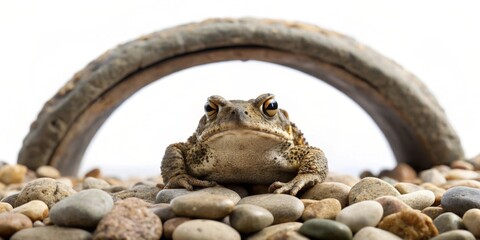Close-up of a toad perched on smooth stones, an aged curved object forming an archway in the background