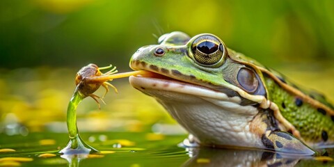 A Close-Up View of an Amphibian, Its Tongue Extended to Capture Aquatic Prey