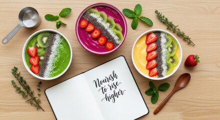 Colorful smoothie bowls with fresh fruit and a notebook on a wooden table