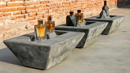 Display of perfumes on concrete shelf against a brick wall