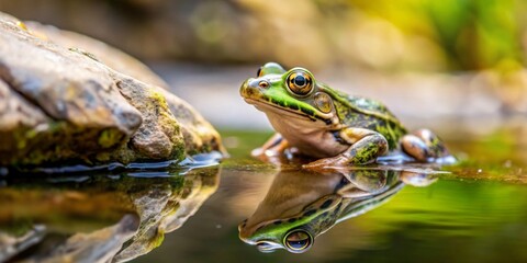 A Vibrant Green Frog Perched on a Rock Beside a Still Pond, Its Reflection Mirrored Perfectly in the Tranquil Water