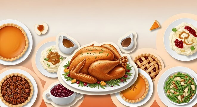 Top view of a festive table with roasted turkey and side dishes symbolizing Thanksgiving celebration and gratitude