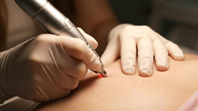 Close Up of Technician Removing a Mole with Laser Device in Studio Setting with Medical Precision Hands in Gloves Applying Laser Technology for Skin Care and Dermatology Cosmetic Procedure