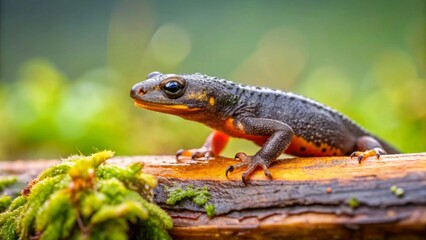 Close-up of a vibrant amphibian perched on a mossy log in a lush natural environment
