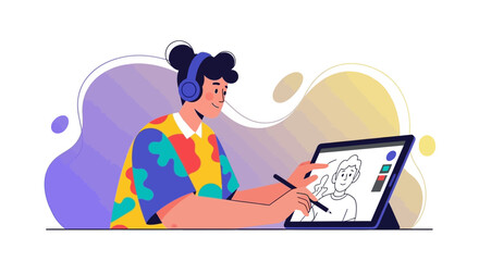 Creative Illustrator Working on Digital Art with Tablet and Headphones in Vibrant Colors