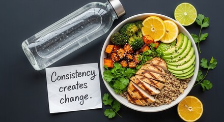 Healthy Chicken Bowl with Broccoli Lemon and Avocado on a Black Surface