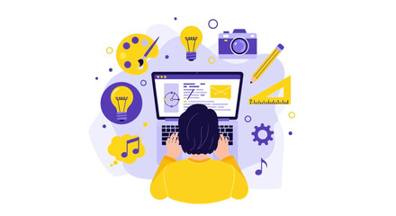 Creative user at work, using laptop for design and online work flat vector illustration