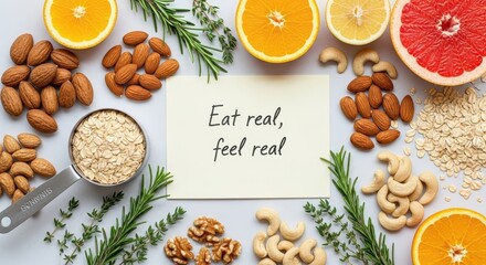 Healthy food arrangement with message Eat real feel real