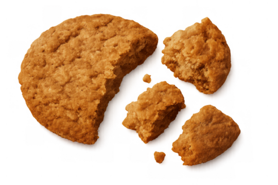 Broken oatmeal cookie with crumbs and pieces scattered, representing a delicious snack or dessert, transparent background