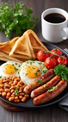 English breakfast fry-up serving eggs, sausages, beans, toast