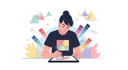 Illustration of a Graphic Designer Designing on a Tablet with Color Palettes and Shapes