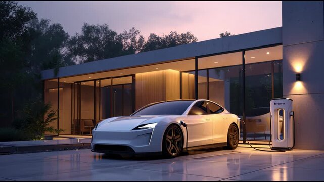 Modern Electric Vehicle Charging at Home Station in Contemporary Architectural Setting During Sunset