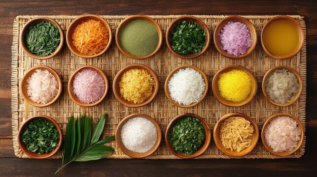 Overhead view of colorful ethnic food arranged on a woven mat - Powered by Adobe