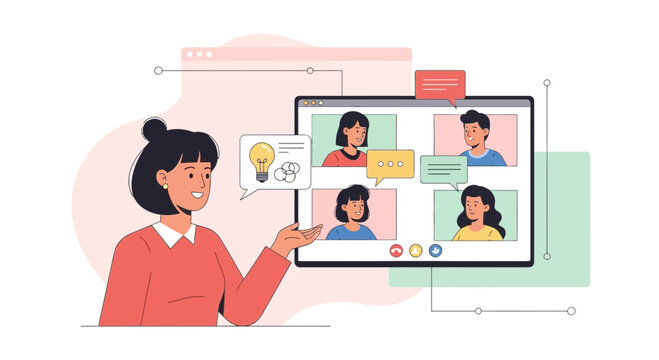 Illustration depicting a video conference meeting with multiple participants using a web application