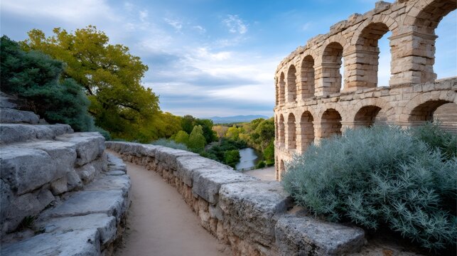 Pont du Gard Roman aqueduct ruin with pathway