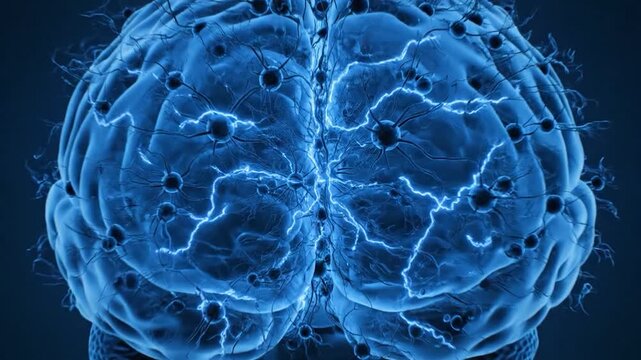 Vivid, blue-toned depiction of neural cells, with electric bursts and complex structures