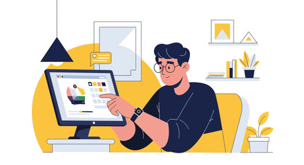 Illustration of a Man working on a computer designing a color palette in his office