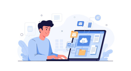 Illustration of a Man Working on a Laptop with Cloud Storage and Digital Files