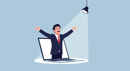 A cheerful businessman emerges from a laptop screen with arms wide open under a spotlight, symbolizing online presentation success or virtual event engagement.