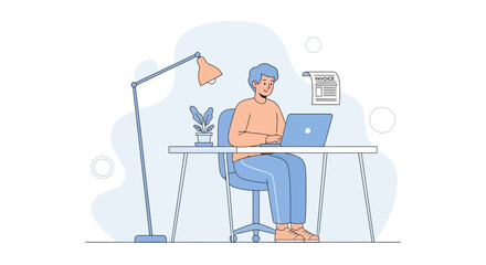 Illustration of a man working on a laptop at a desk with an invoice and lamp
