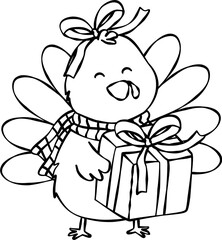 Fall Christmas Stamp Clipart Set , Hand Drawn Doodle ,Cute Autumn Christmas Animal Clipart ,Holiday Line Art for Stickers