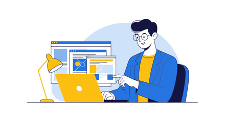 Illustration of a Man Working on a Laptop with Website Windows, Colorful Design