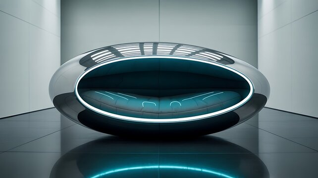 Futuristic oval pod with glowing blue accents seating