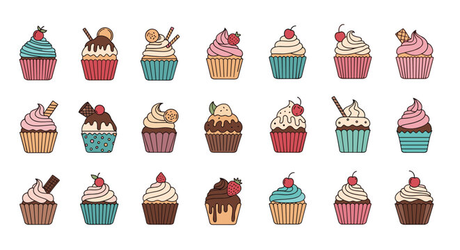 A charming collection of colorful, assorted cupcake illustrations with various toppings, perfect for sweet treat designs.