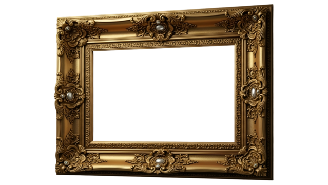 Ornate Gold Frame with Decorative Embellishments on Transparent Background