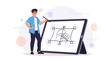 Illustration of a person using a tablet to draw and design on a graphic tablet