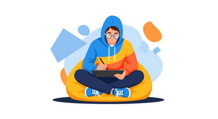 Illustration of a person using a tablet while sitting on a bean bag in a cozy position