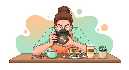 Illustration of a photographer photographing food, coffee, pancakes, and a succulent plant scene