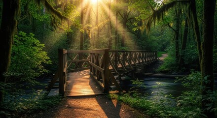 Wooden Bridge in a Lush Forest with Sunlight Beams