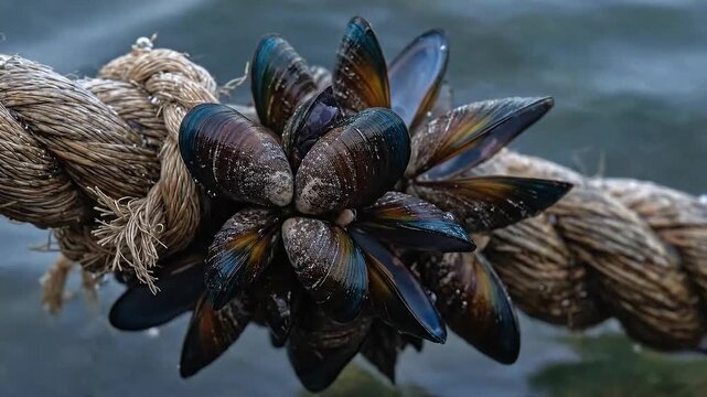 Close Up Shot of Blue Mussels attached to a Thick Brown Nautical Rope showcasing Marine Life  and Coastal Scenery in Soft Light capturing the Beauty of Natural Elements for Creative Use