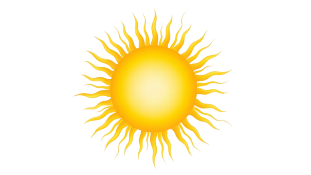 Bright Yellow Sun with Radiant Wavy Rays on Transparent Background for Solar Energy or Summer Themes - Powered by Adobe