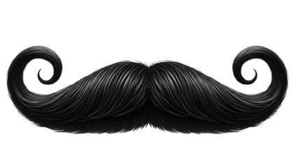 Black Curled Mustache with Elegant Style on Transparent Background